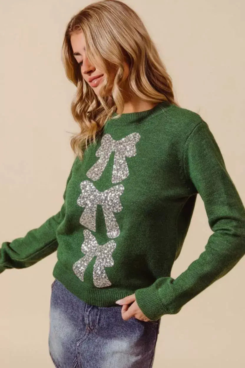 SO ME Sequins Bow Ribbon Embellished Christmas Sweater - Trendsi - Flyclothing LLC