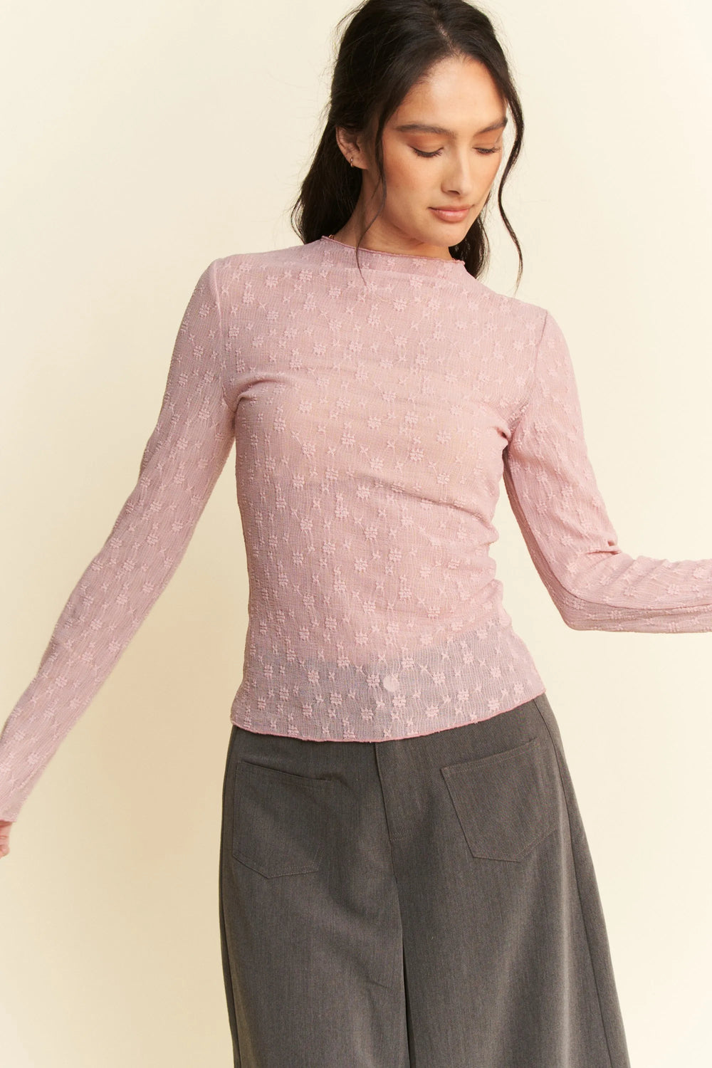Davi & Dani Long Sleeve Sheer Small Embroidered Bows Lace Top - Trendsi