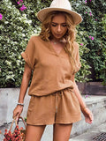 Notched Short Sleeve Top and Shorts Set - Trendsi - Flyclothing LLC