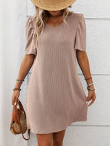 Textured Round Neck Short Sleeve Mini Dress - Trendsi - Flyclothing LLC