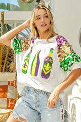 BiBi Sequin Mardi Gras Bottles Spangled Sleeve Top - Trendsi - Flyclothing LLC