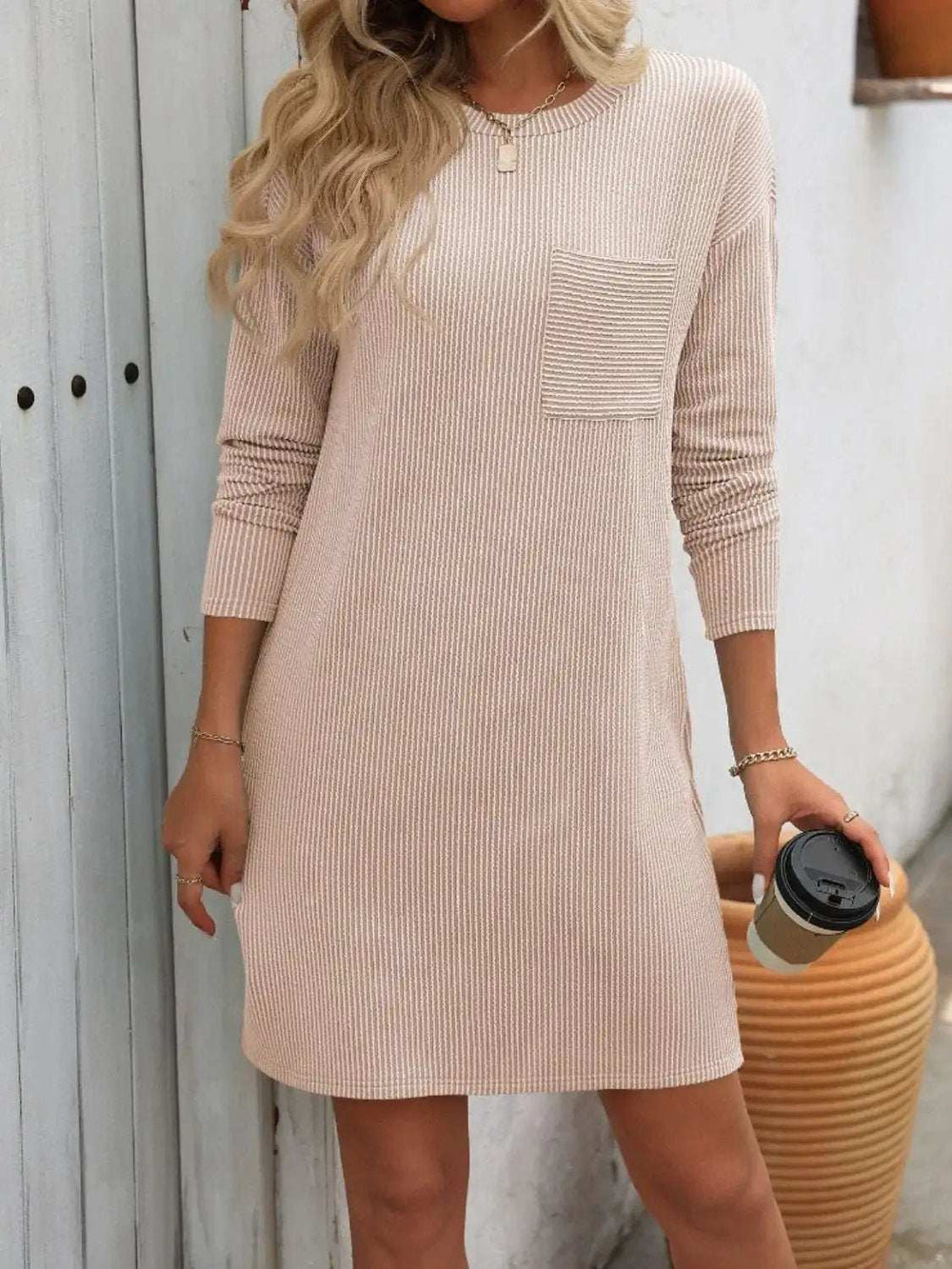 Striped Round Neck Long Sleeve Mini Dress - Trendsi - Flyclothing LLC