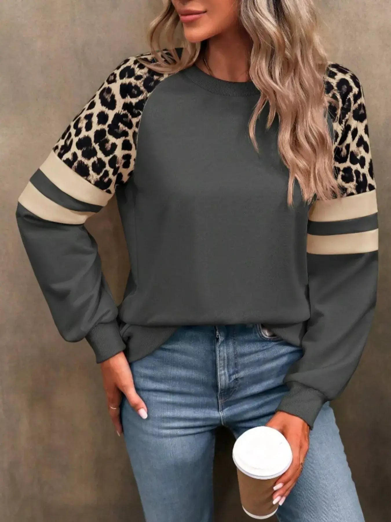 Leopard Round Neck Raglan Sleeve Sweatshirt - Trendsi - Flyclothing LLC