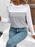 Decorative Button Striped Round Neck Long Sleeve T-Shirt - Trendsi - Flyclothing LLC