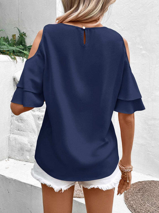 Cold Shoulder Flounce Sleeve Blouse - Trendsi - Flyclothing LLC