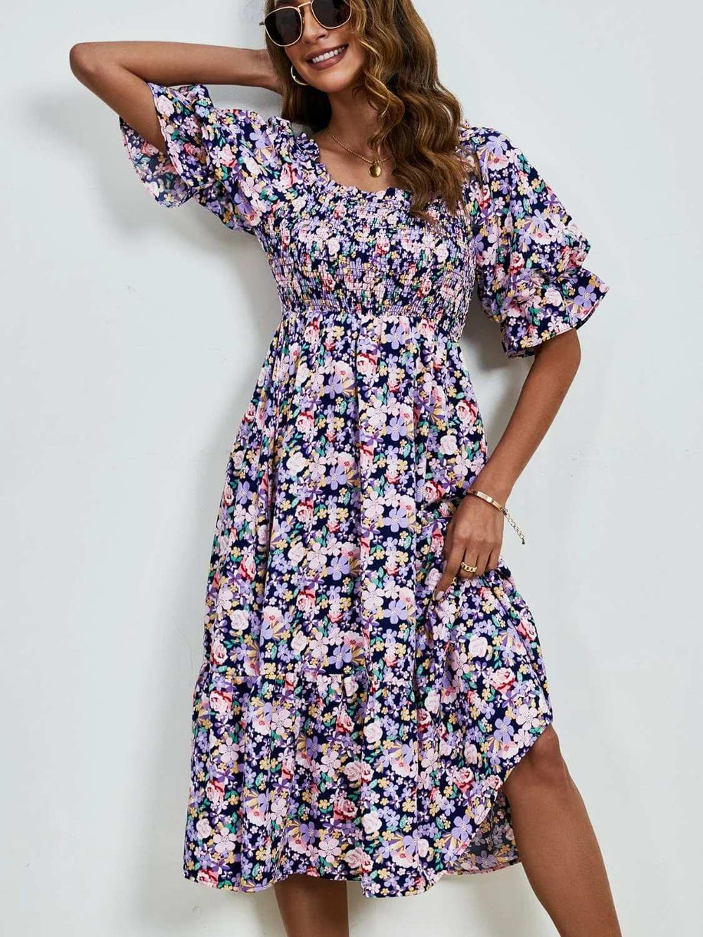 Smocked Floral Square Neck Short Sleeve Dress - Trendsi - Flyclothing LLC