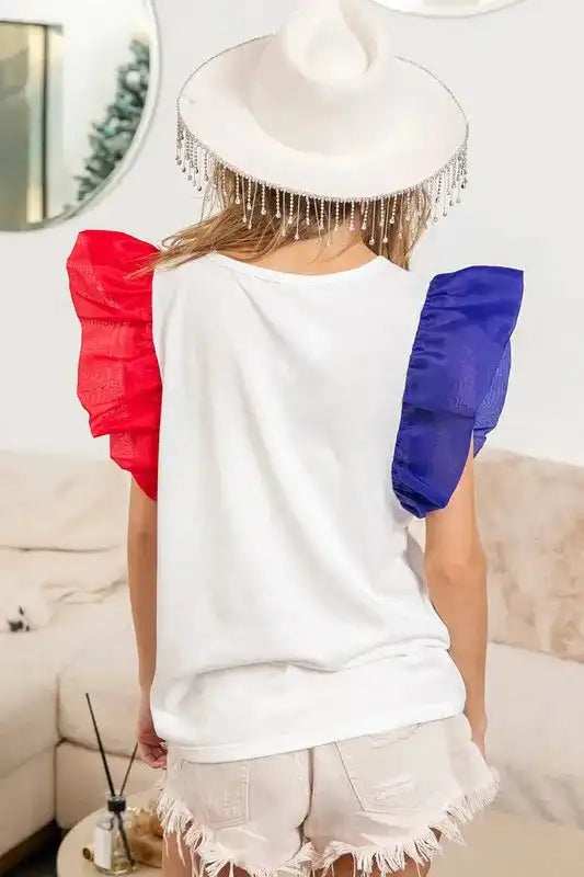 BiBi USA Theme Color Block Organza Ruffle Sleeve Top - Trendsi - Flyclothing LLC