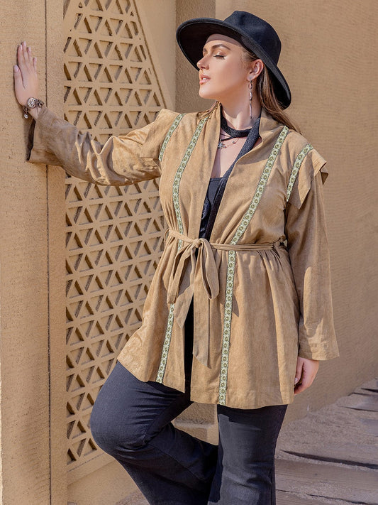 Plus Size Long Sleeve Tie Waist Cardigan - Trendsi