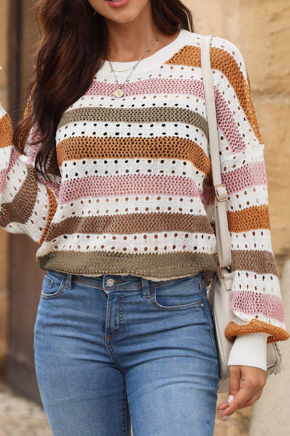 Striped Round Neck Hollowed Sweater - Trendsi - Flyclothing LLC