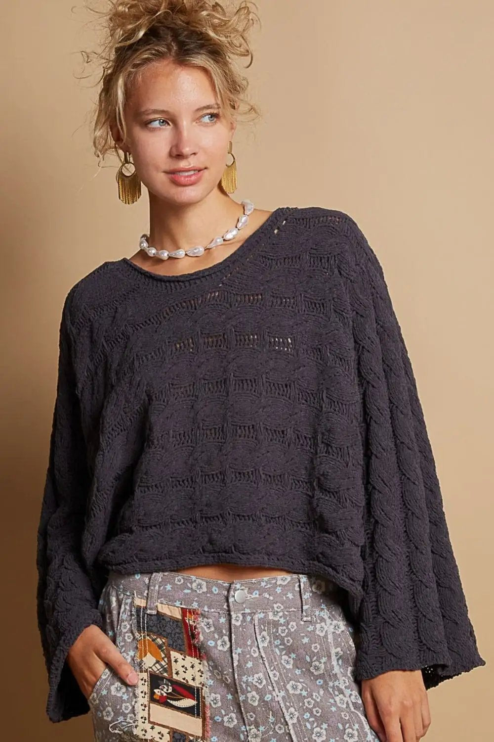 POL Round Neck Cable Knit Cropped Sweater - Trendsi