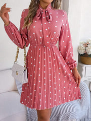 Polka Dot Tie Neck Pleated Dress - Trendsi