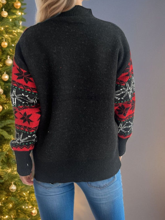 Santa Mock Neck Long Sleeve Sweater - Trendsi