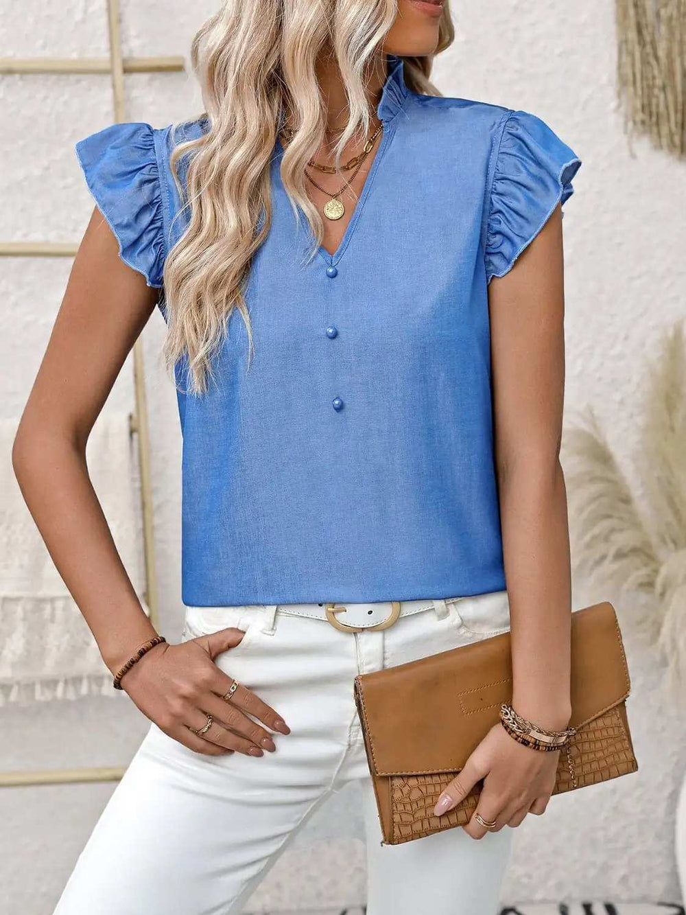 Ruffled Notched Cap Sleeve Blouse - Trendsi - Flyclothing LLC