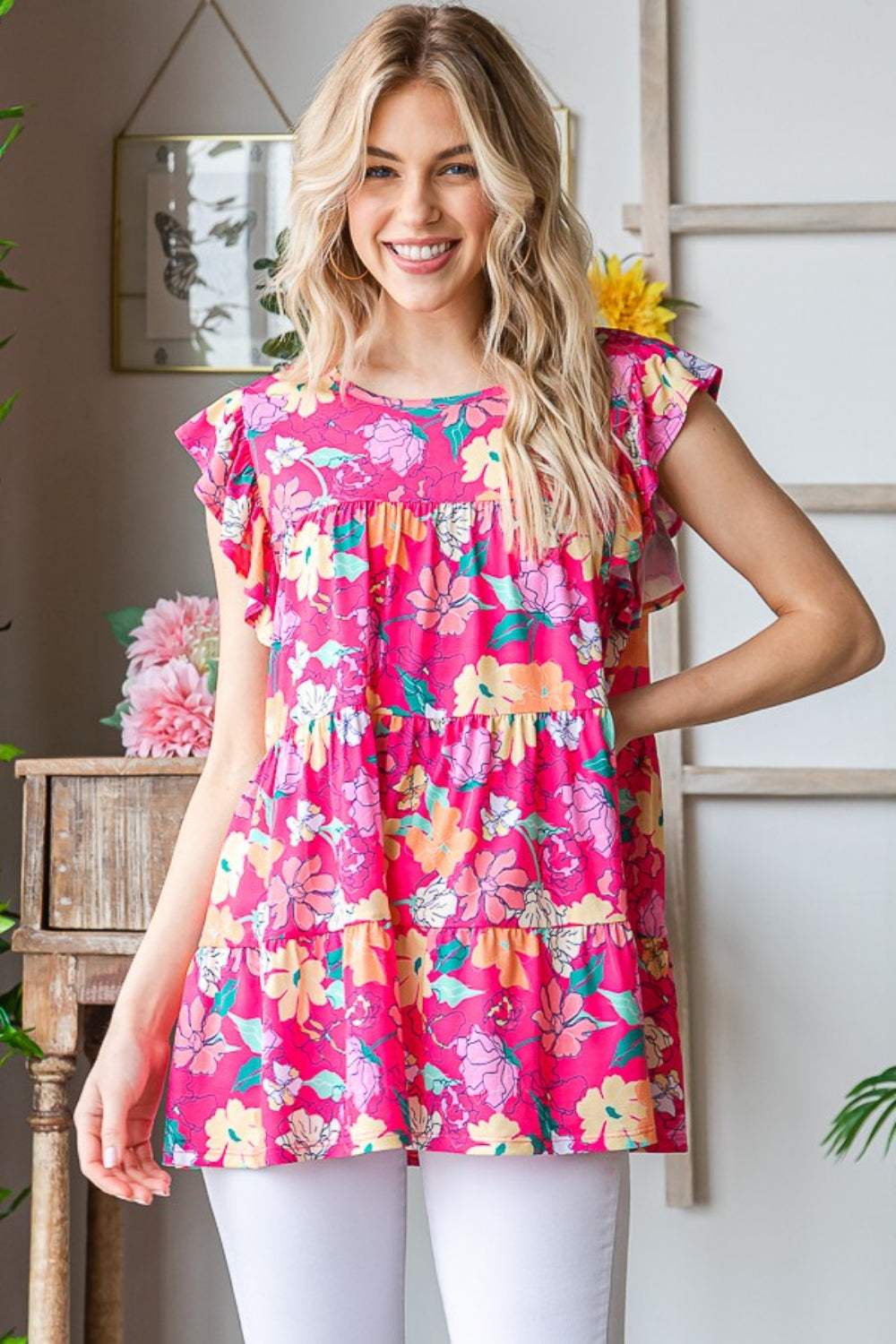 Heimish Full Size Floral Ruffle Sleeve Tiered Blouse - Trendsi - Flyclothing LLC