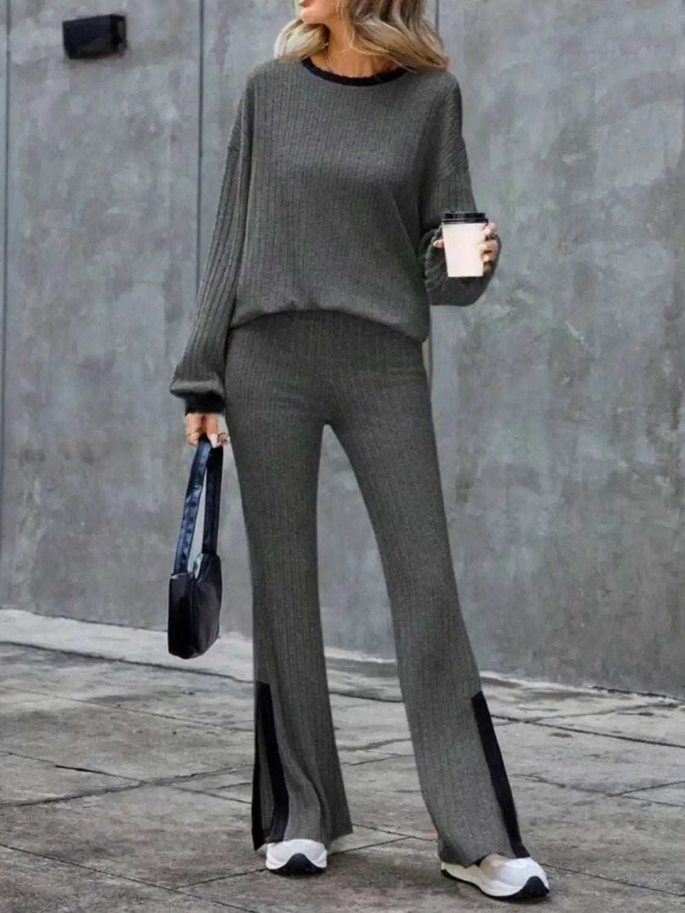 Contrast Round Neck Long Sleeve Top and Bootcut Pants Set - Trendsi - Flyclothing LLC