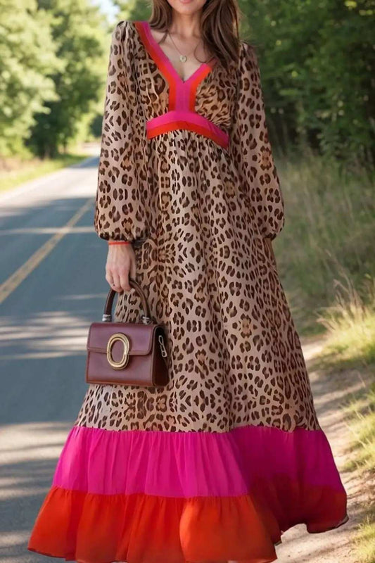 Leopard V-Neck Long Sleeve Maxi Dress - Trendsi - Flyclothing LLC
