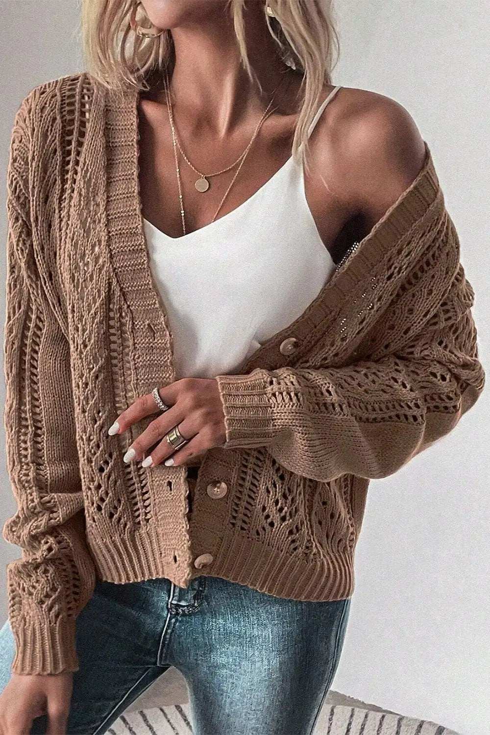 Openwork Button Up Long Sleeve Cardigan - Trendsi - Flyclothing LLC