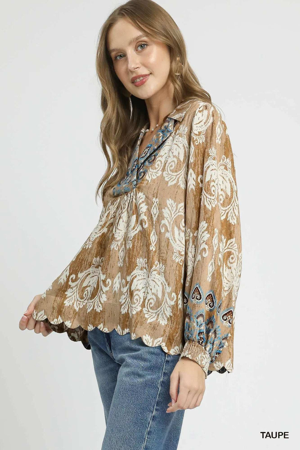Umgee Floral Boho Blouse with Scalloped Hem - Trendsi - Flyclothing LLC
