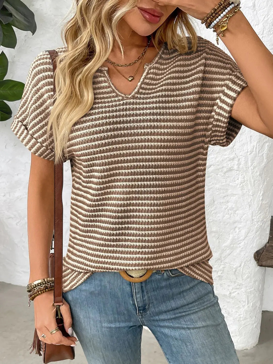Striped Notched Short Sleeve T-Shirt - Trendsi - Flyclothing LLC
