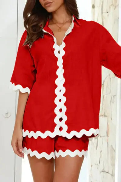 Contrast Trim Half Sleeve Top and Shorts Set - Trendsi - Flyclothing LLC