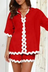 Contrast Trim Half Sleeve Top and Shorts Set - Trendsi - Flyclothing LLC