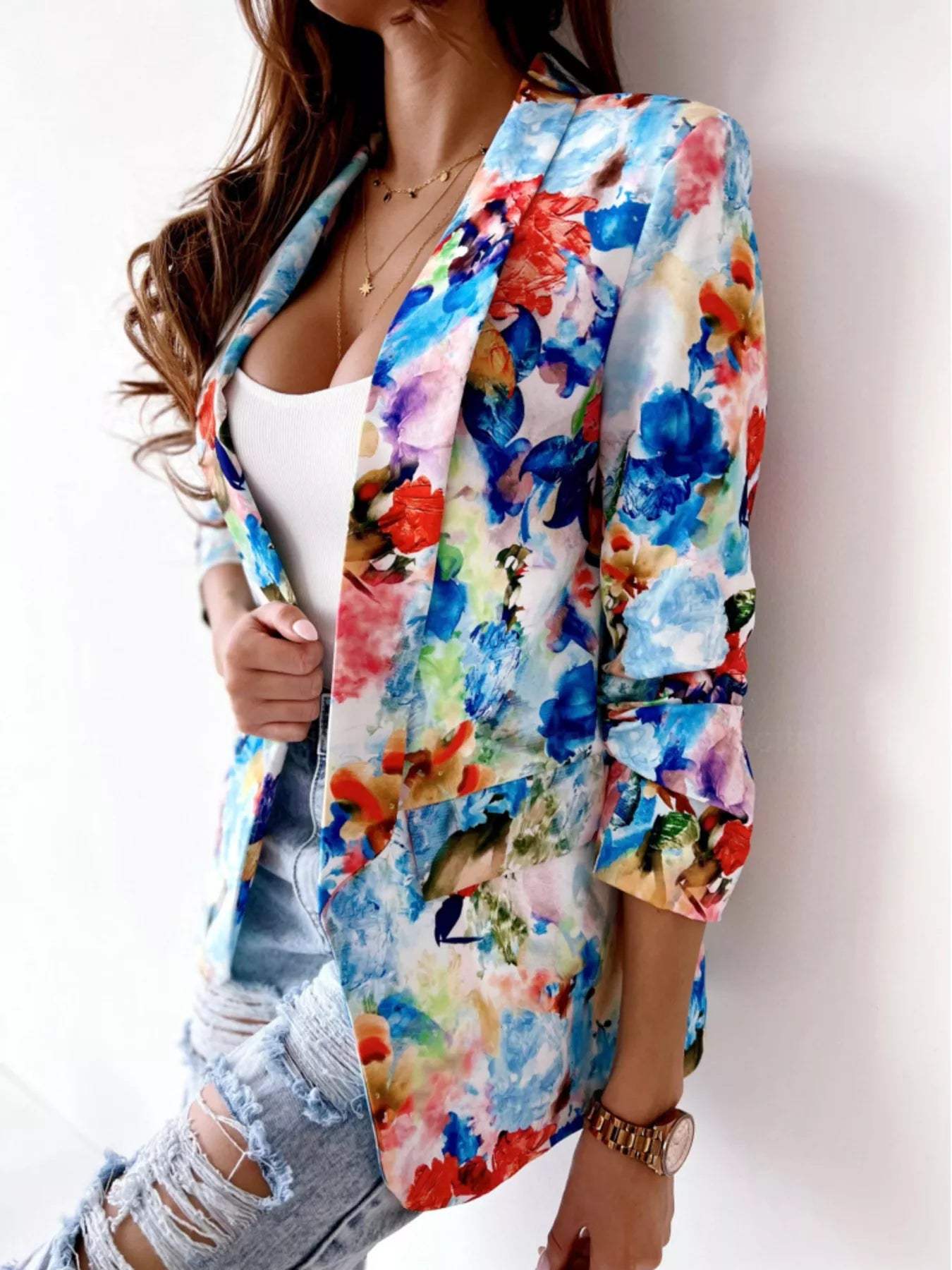 Vibrant Floral Print Open Front Blazer - Trendsi - Flyclothing LLC