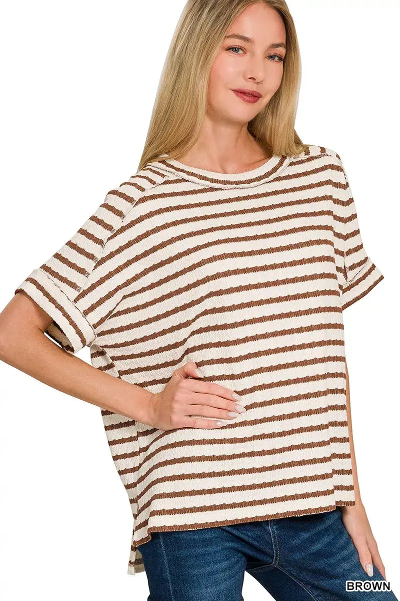 Zenana Stripe Jacquard Round-Meck Tee - Trendsi - Flyclothing LLC