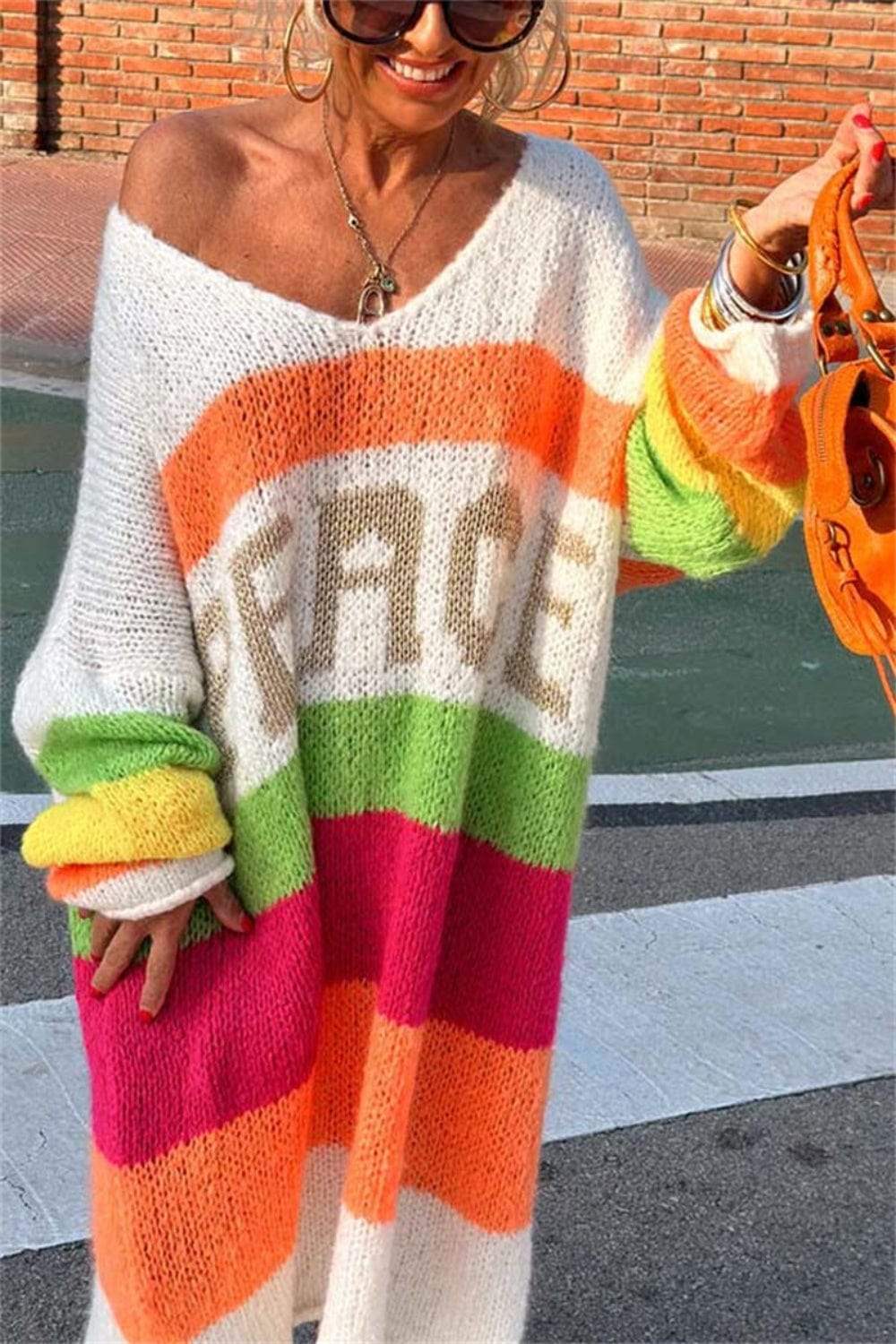 Color Block V-Neck Long Sleeve Sweater Dress - Trendsi - Flyclothing LLC