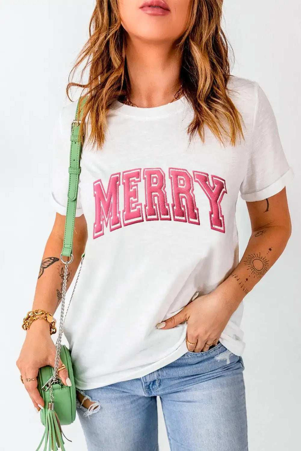 MERRY Round Neck Short Sleeve T-Shirt - Trendsi - Flyclothing LLC