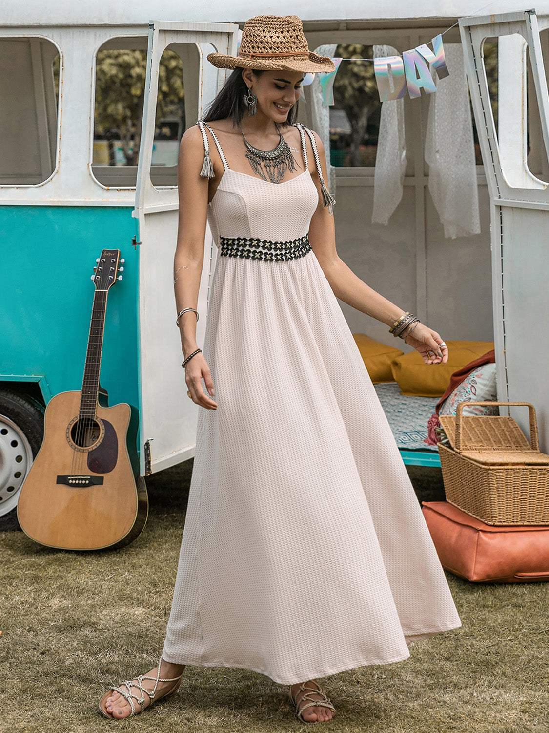 Waffle-Knit Tied Spaghetti Strap Dress - Trendsi - Flyclothing LLC