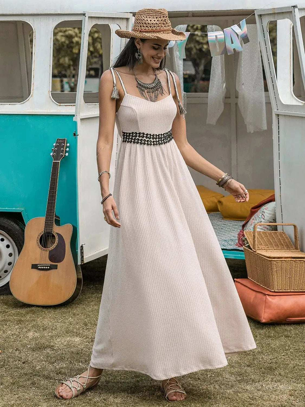 Waffle-Knit Tied Spaghetti Strap Dress - Trendsi - Flyclothing LLC