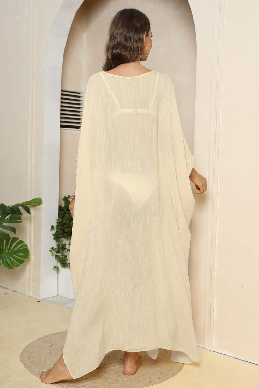 V-Neck Three-Quarter Sleeve Cover-Up - Trendsi - Flyclothing LLC