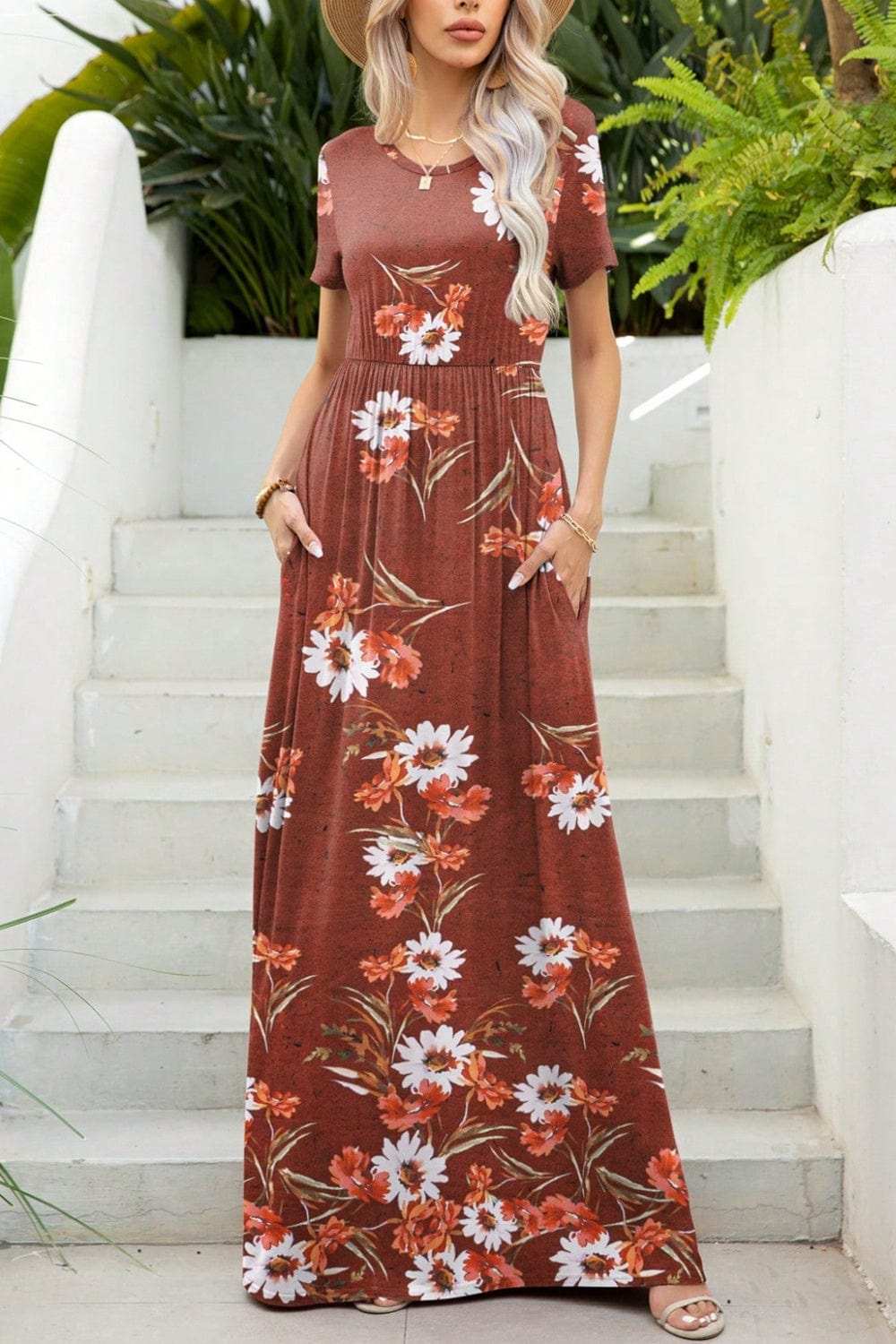 Printed Round Neck Short Sleeve Maxi Dress - Trendsi - Flyclothing LLC
