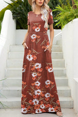 Printed Round Neck Short Sleeve Maxi Dress - Trendsi