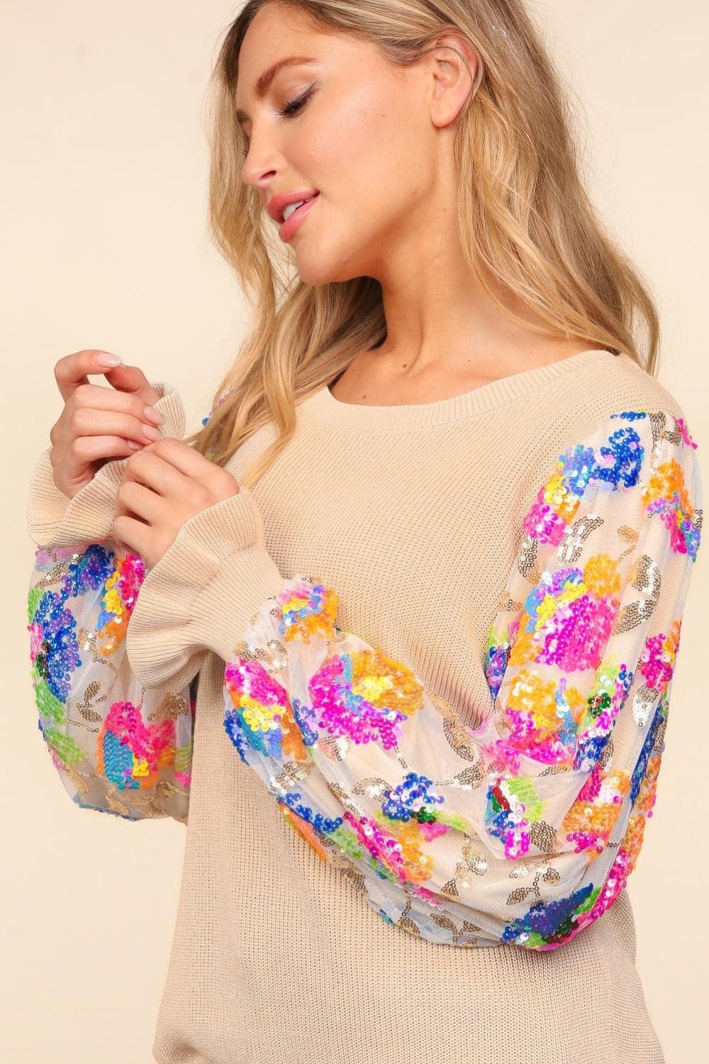 Haptics Floral Sequins Mesh Flounce Sleeve Sweater - Trendsi