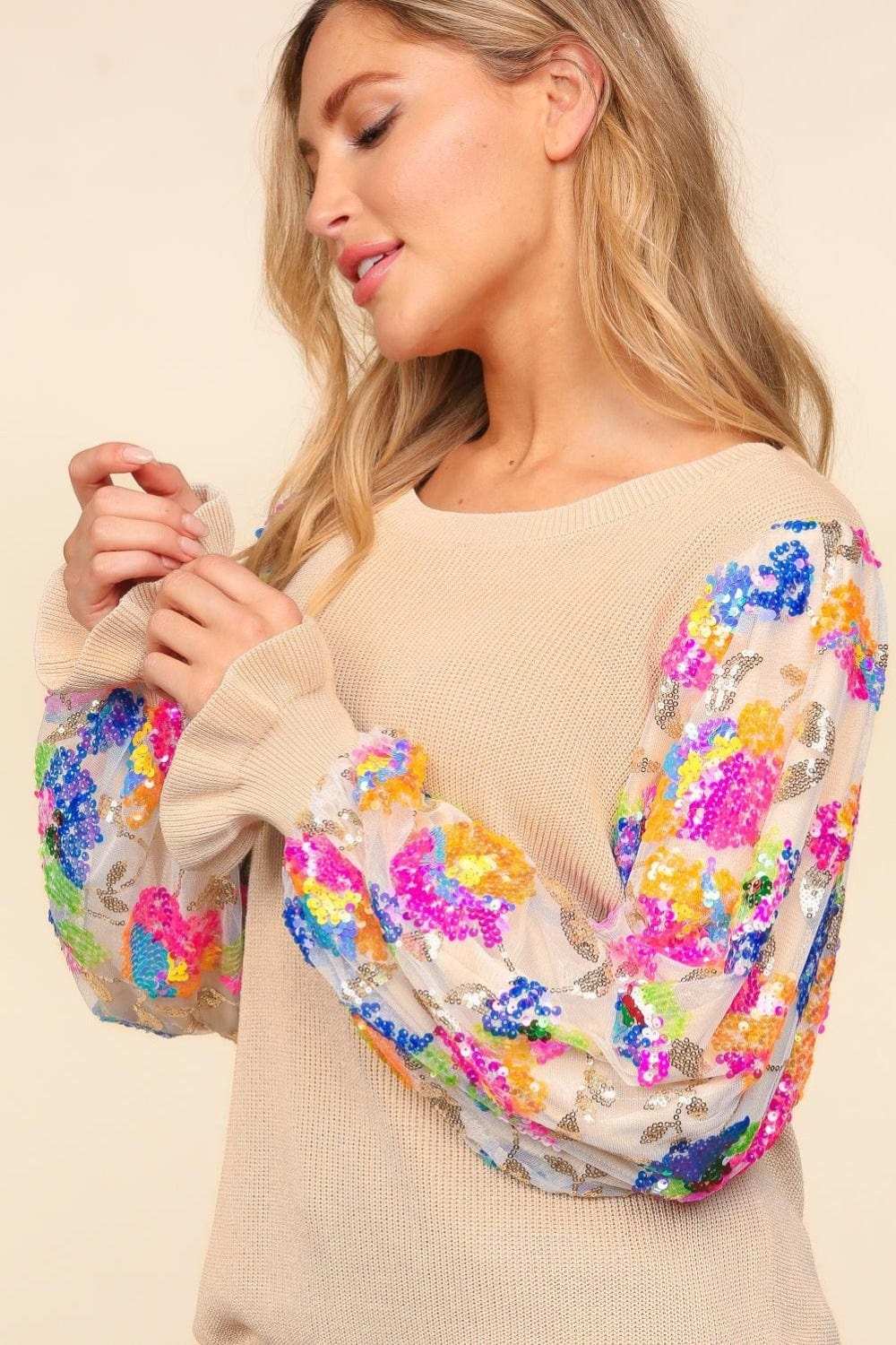 Haptics Floral Sequins Mesh Flounce Sleeve Sweater - Trendsi - Flyclothing LLC