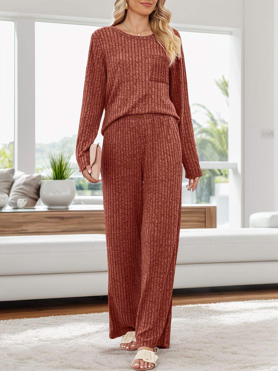 Round Neck Long Sleeve Top and Pants Set - Trendsi - Flyclothing LLC