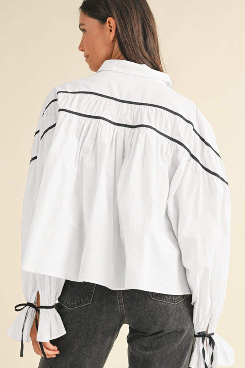 Ribbon Bowtie Collared Neck Flounce Sleeve Shirt - Trendsi - Flyclothing LLC