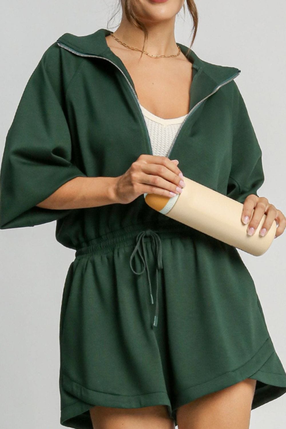 Drawstring Half Zip Long Sleeve Romper - Trendsi