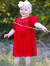 Girls Bow Smocking Embroidered Red Dress - Rylee Faith Designs - Flyclothing LLC
