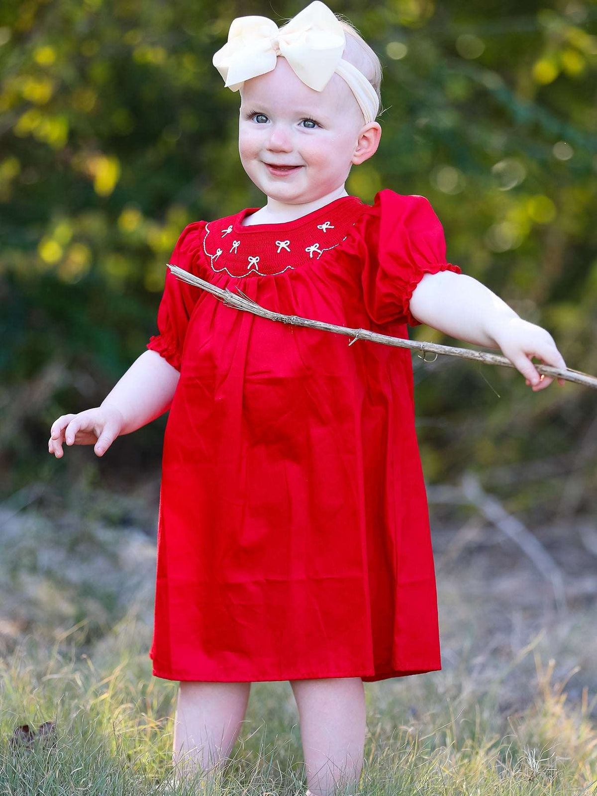 Girls Bow Smocking Embroidered Red Dress - Rylee Faith Designs - Flyclothing LLC