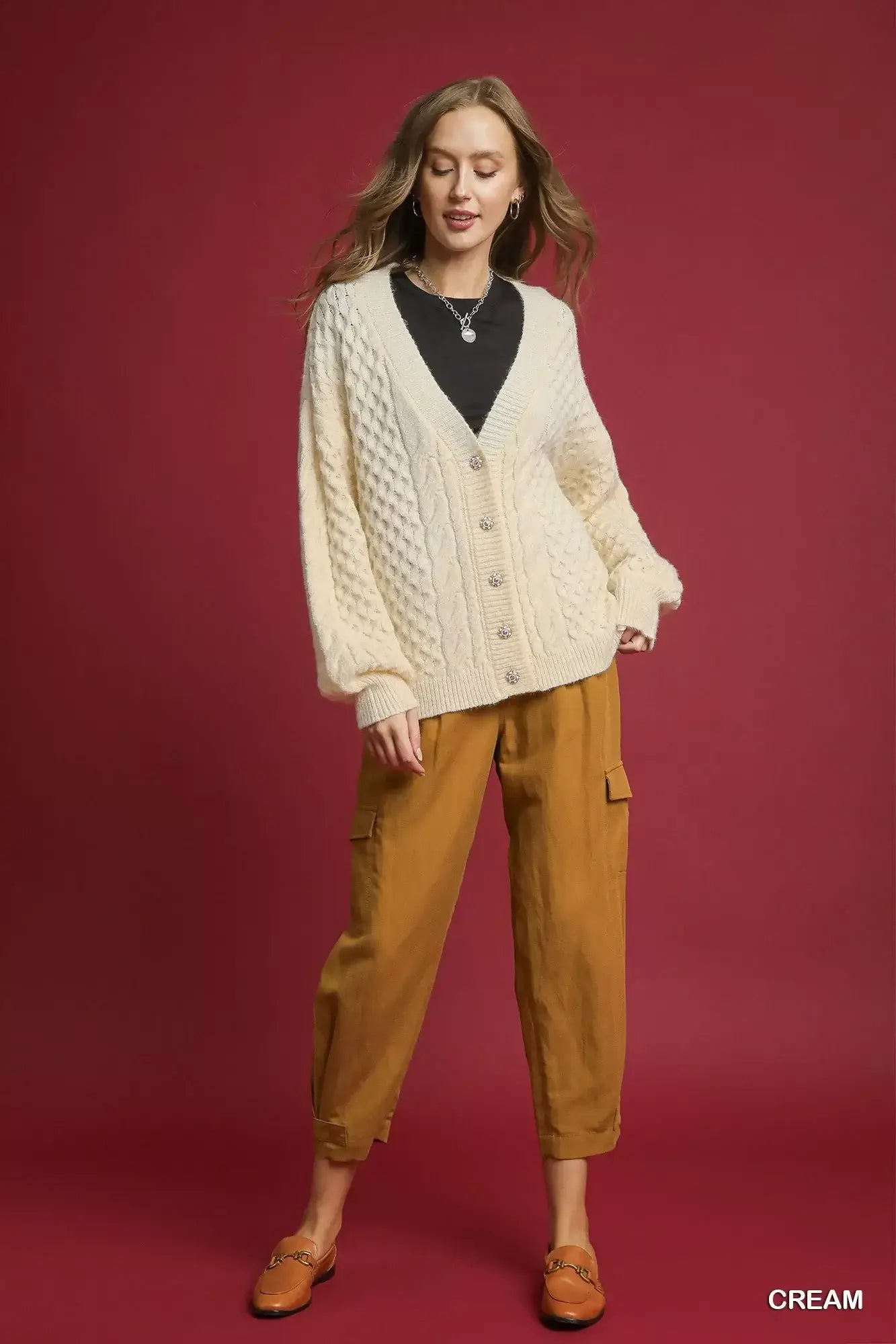 Umgee Cable Knit Pearl Button Cardigan - Trendsi - Flyclothing LLC