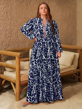 Plus Size Floral Print Notched Long Sleeve Maxi Dress - Trendsi - Flyclothing LLC