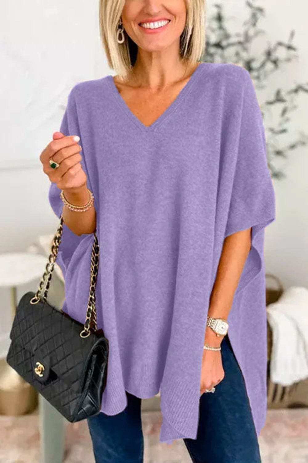Slit V-Neck Half Sleeve Knit Top - Trendsi - Flyclothing LLC