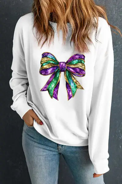 Bow Round Neck Long Sleeve Sweatshirt - Trendsi - Flyclothing LLC