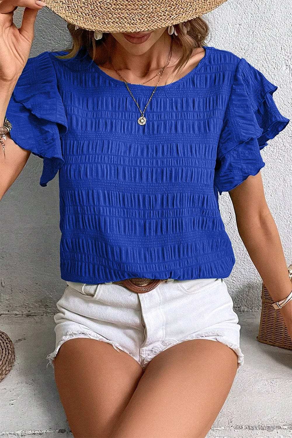 Round Neck Ruffle Sleeve Blouse - Trendsi - Flyclothing LLC