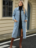 Pocketed Button Down Collared Neck Denim Jacket - Trendsi