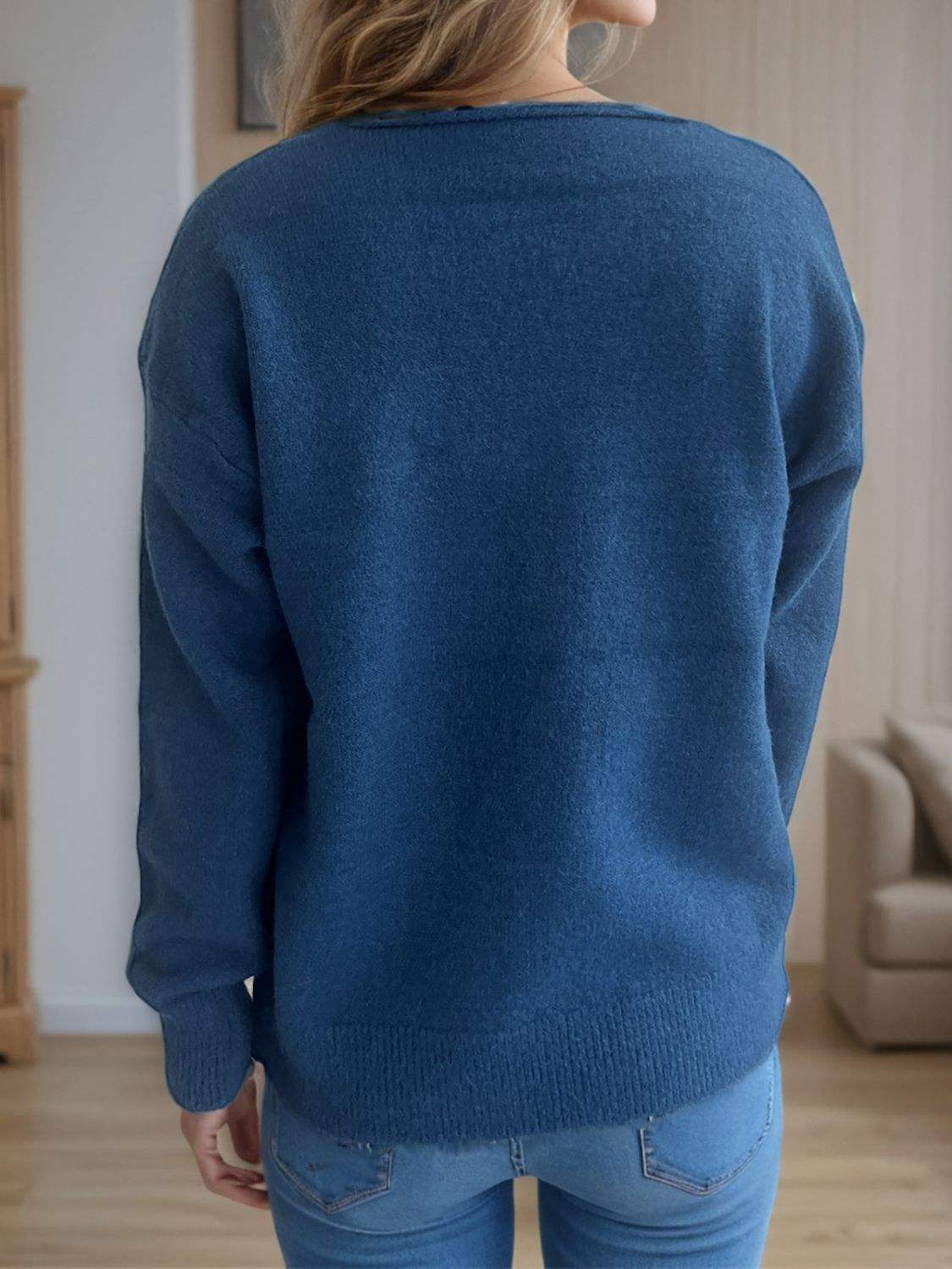 V-Neck Dropped Shoulder Long Sleeve Sweater - Trendsi - Flyclothing LLC