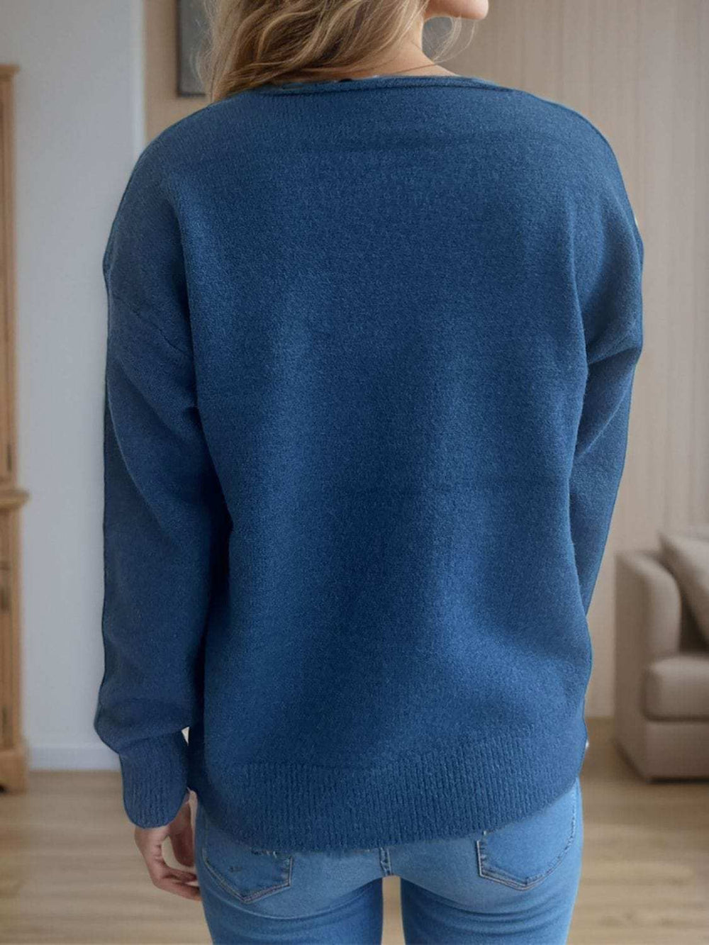 V-Neck Dropped Shoulder Long Sleeve Sweater - Trendsi - Flyclothing LLC