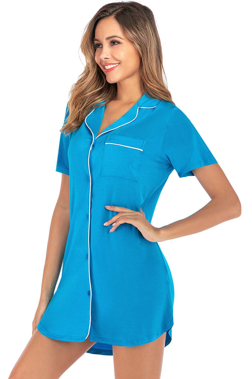 Contrast Piping Pocketed Short Sleeve Lounge Dress - Trendsi - Flyclothing LLC